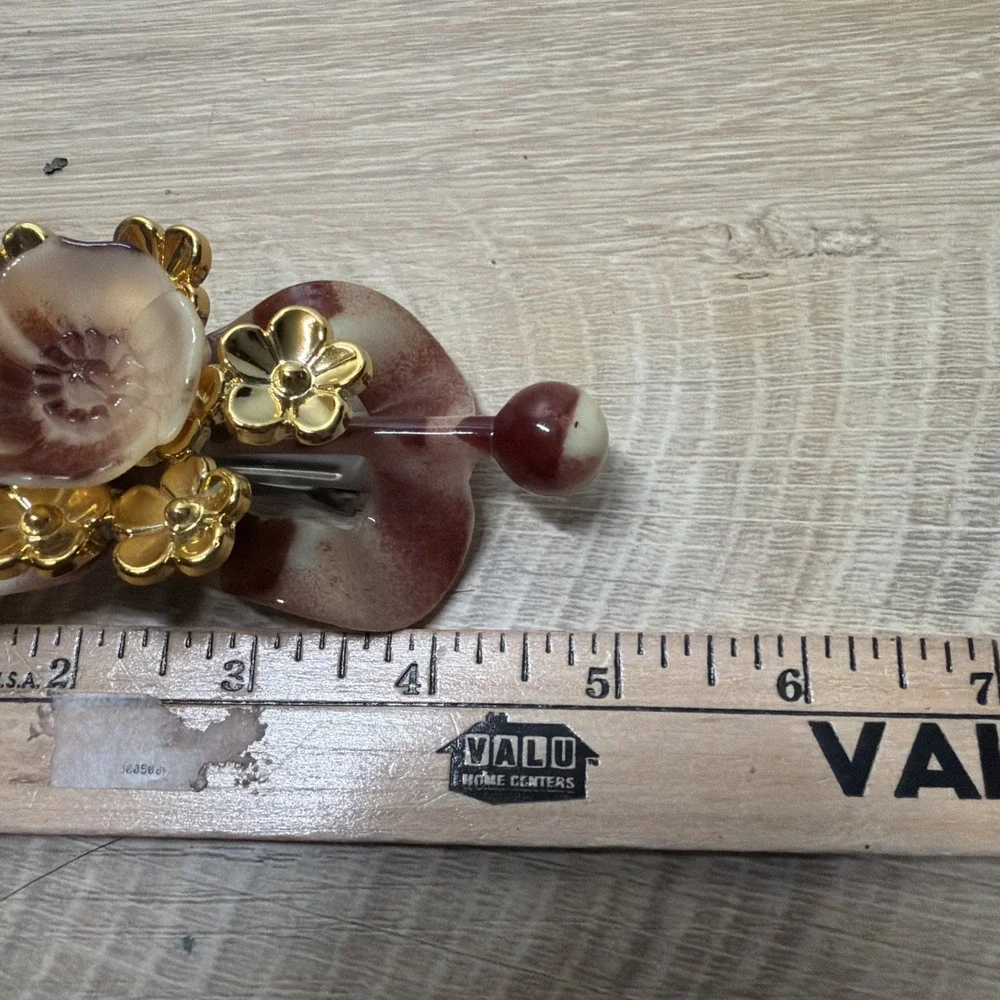 Floral Hair Barrette Stick Pin Burgundy Resin Flower Gold Tone Statement Clip
